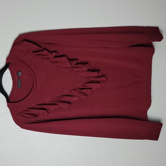 Halogen Tops - Halogen Lightweight Sweater V Ruffle Detail Crewneck Holiday Party Top Burgundy
